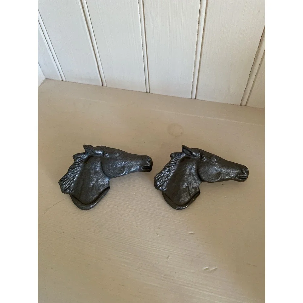 Horse Head Drawer Pulls Handles Dark Gray Metal Cast Iron Western Old West Set 2